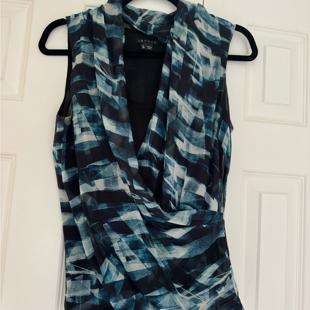 Theory Blue, White and Black Wrap Blouse